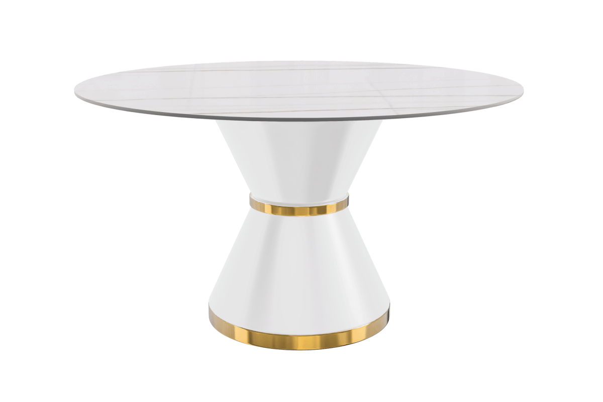 Modern Round Dining Table with a Glass/Stone Tabletop in Stainless Steel Seats 6 - 10 Qorvus Collection