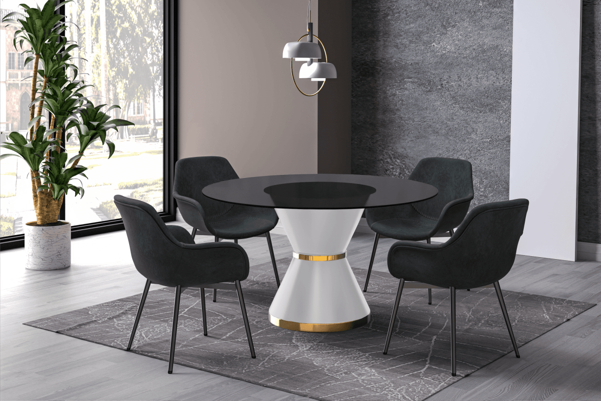 Modern Round Dining Table with a Glass/Stone Tabletop in Stainless Steel Seats 6 - 10 Qorvus Collection