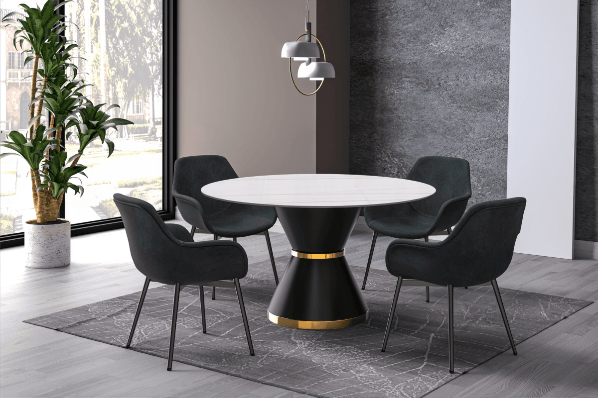 Modern Round Dining Table with a Glass/Stone Tabletop in Stainless Steel Seats 6 - 10 Qorvus Collection