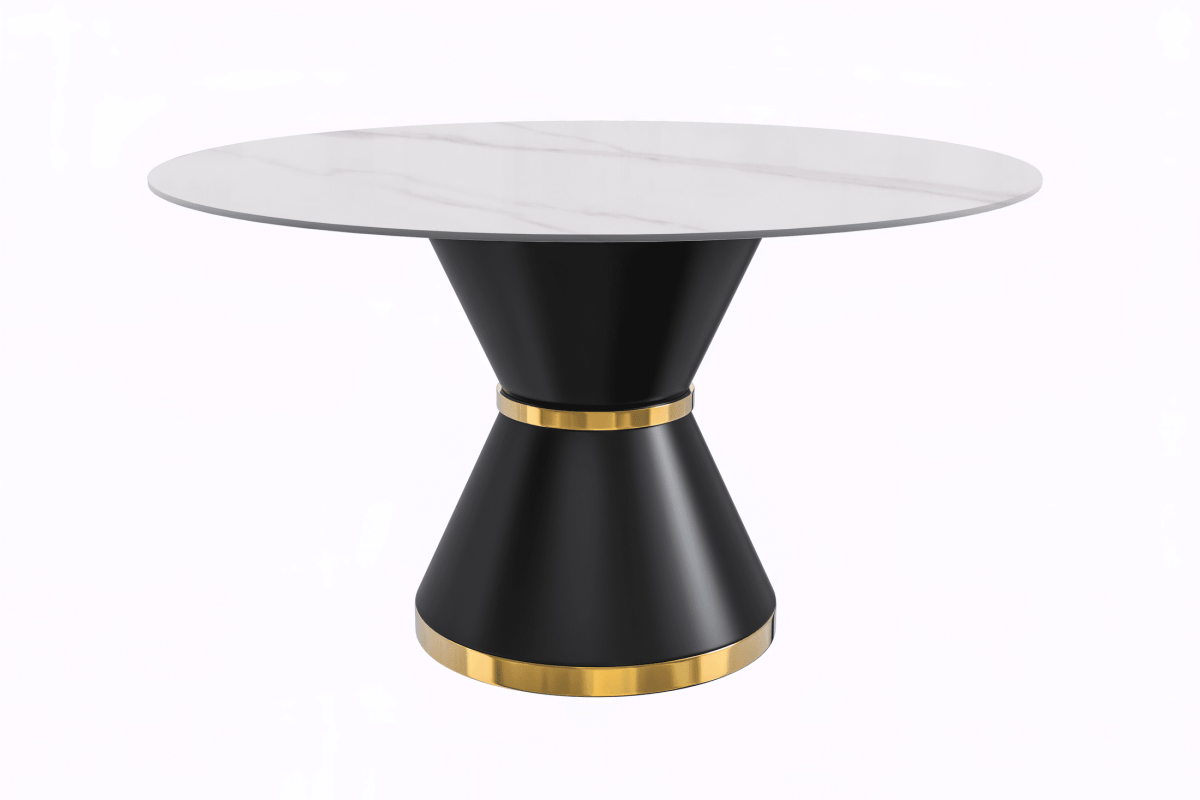 Modern Round Dining Table with a Glass/Stone Tabletop in Stainless Steel Seats 6 - 10 Qorvus Collection