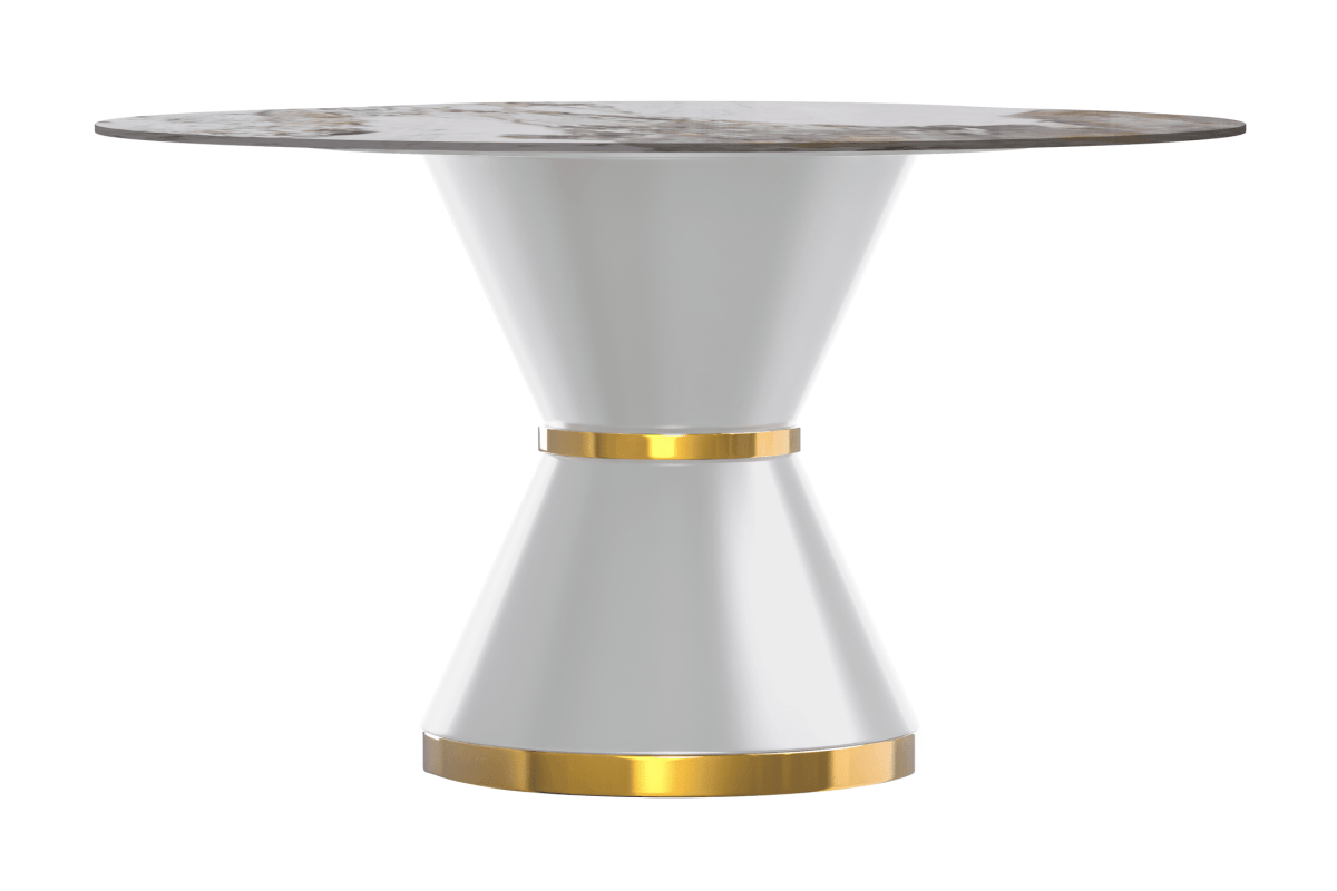 Modern Round Dining Table with a Glass/Stone Tabletop in Stainless Steel Seats 6 - 10 Qorvus Collection