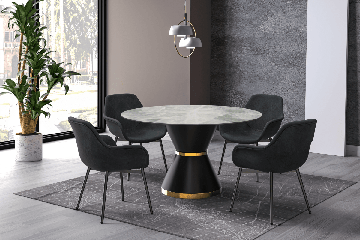 Modern Round Dining Table with a Glass/Stone Tabletop in Stainless Steel Seats 6 - 10 Qorvus Collection