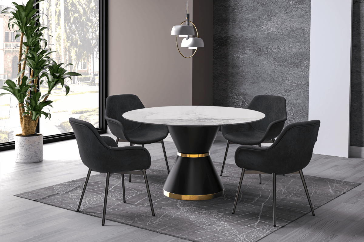 Modern Round Dining Table with a Glass/Stone Tabletop in Stainless Steel Seats 6 - 10 Qorvus Collection