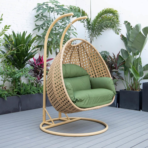 Mendoza 2-Person Wicker Hanging Egg Swing Chair with Removable Cushions with Iron Base