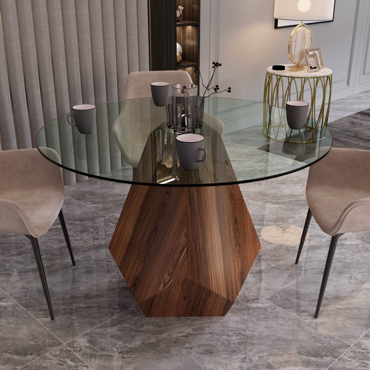 Nebo Modern Dining Table in Walnut Base with Glass/Sintered Stone Table Top