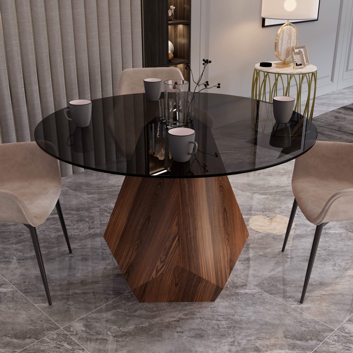 Nebo Modern Dining Table in Walnut Base with Glass/Sintered Stone Table Top