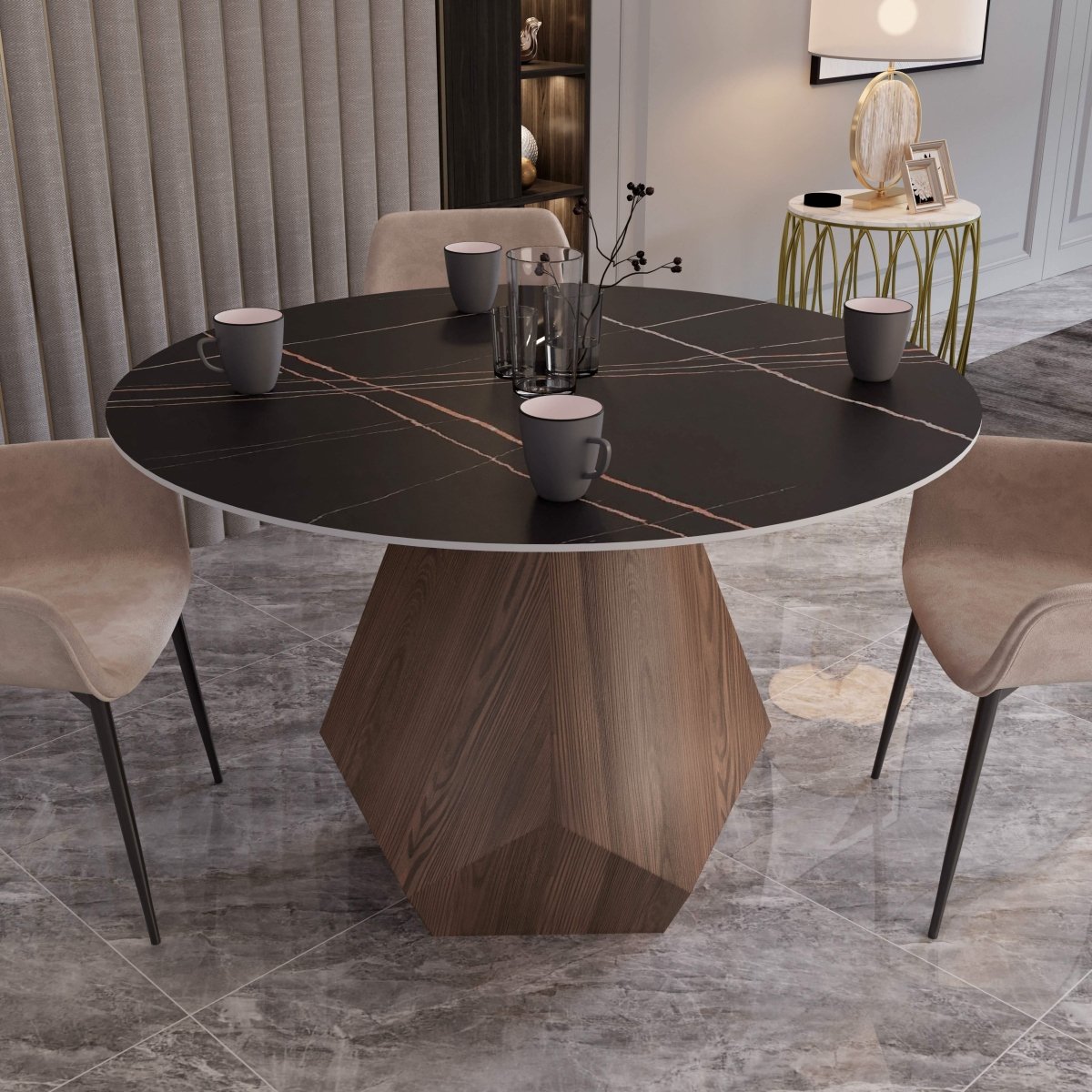 Nebo Modern Dining Table in Walnut Base with Glass/Sintered Stone Table Top