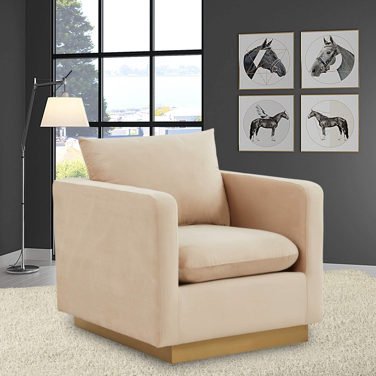 Nervo Modern Mid - Century Upholstered Velvet/Leather Accent Chair with Gold Base