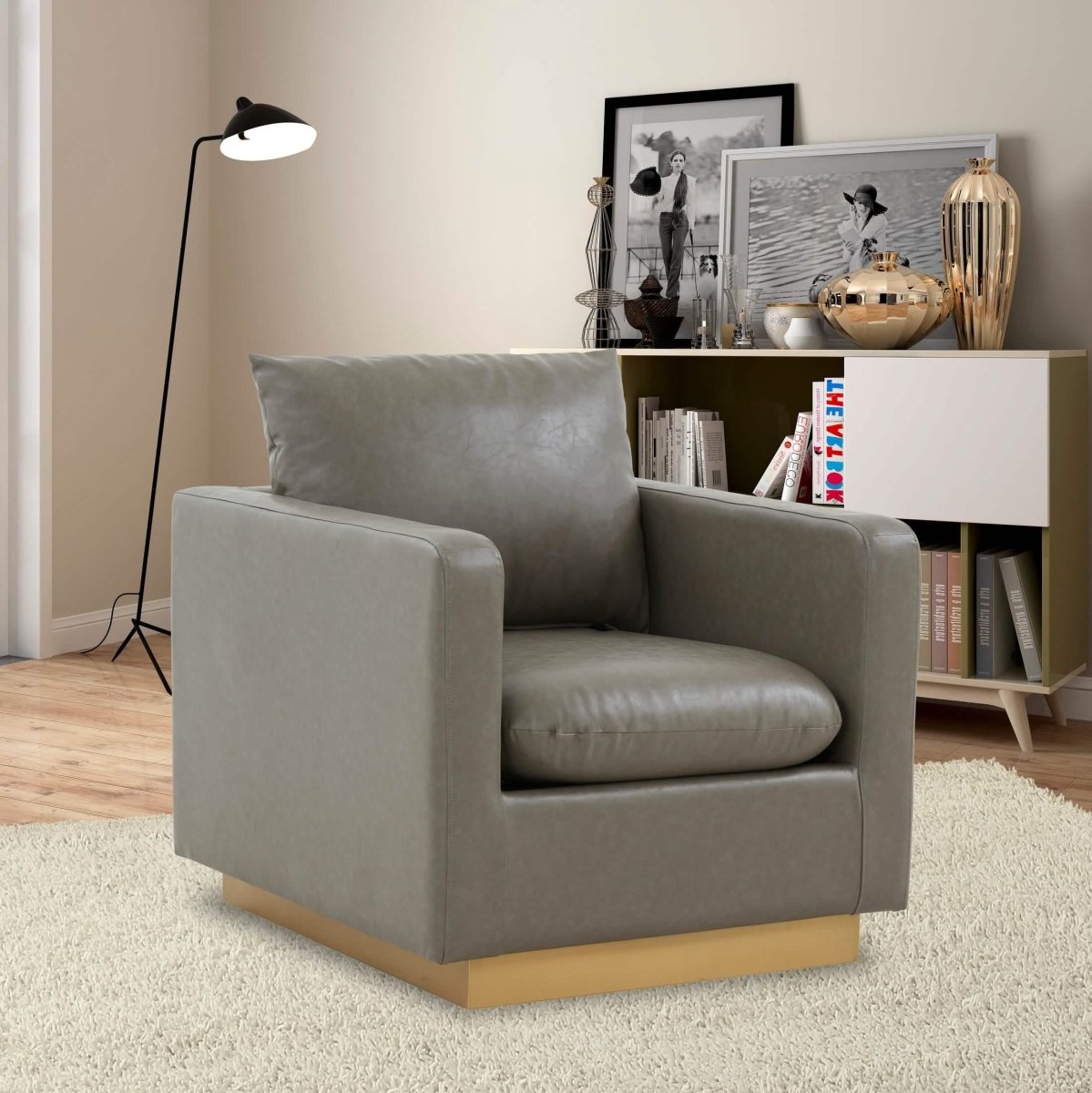 Nervo Modern Mid - Century Upholstered Velvet/Leather Accent Chair with Gold Base