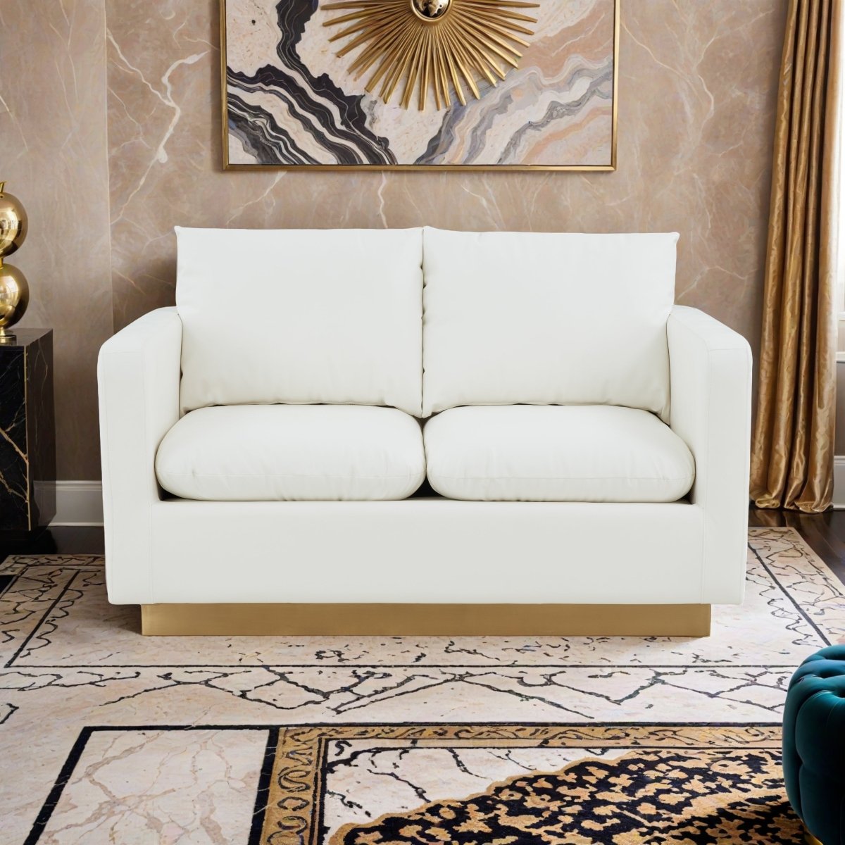 Nervo Upholstered Velvet/Leather Loveseat with Gold Stainless Steel Base