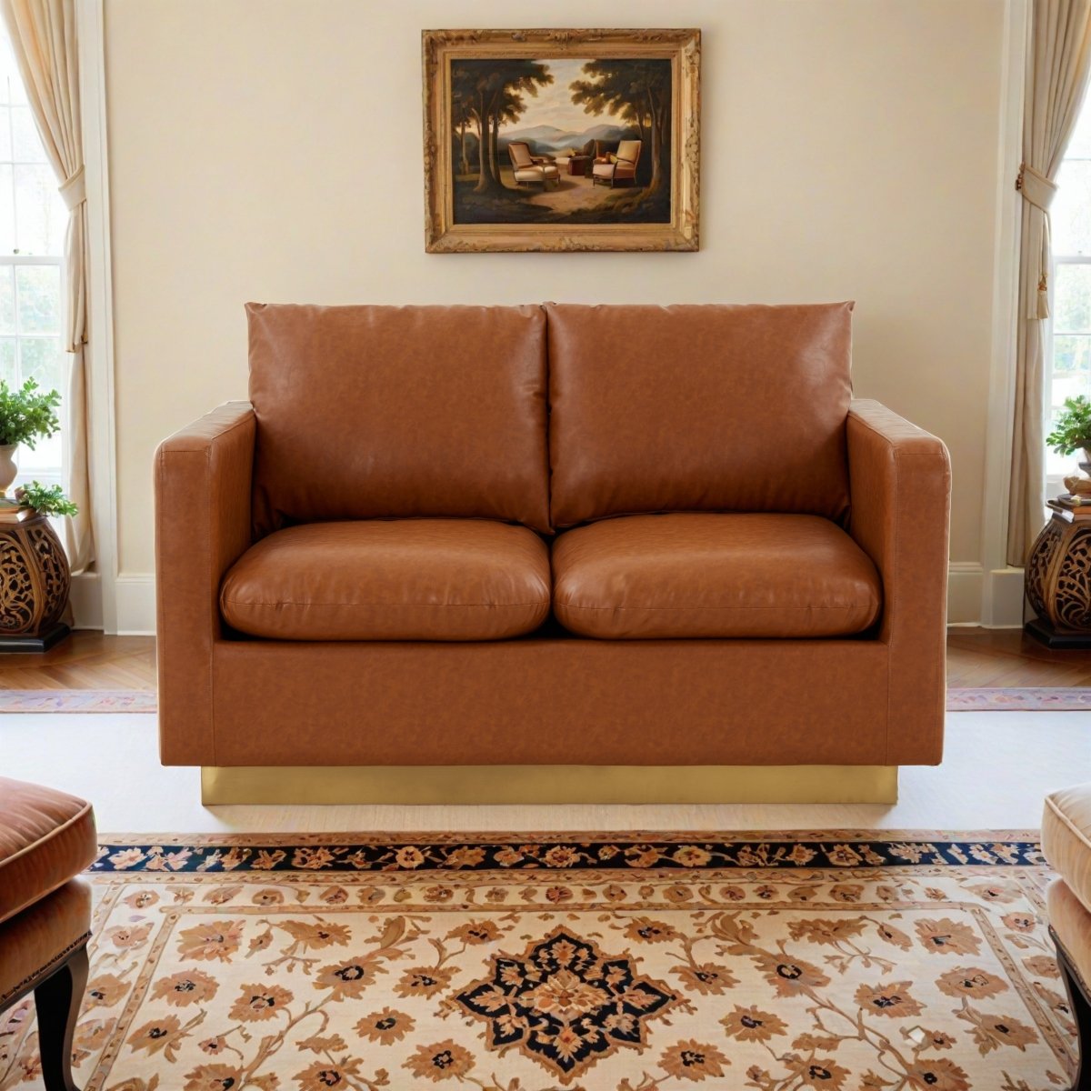 Nervo Upholstered Velvet/Leather Loveseat with Gold Stainless Steel Base