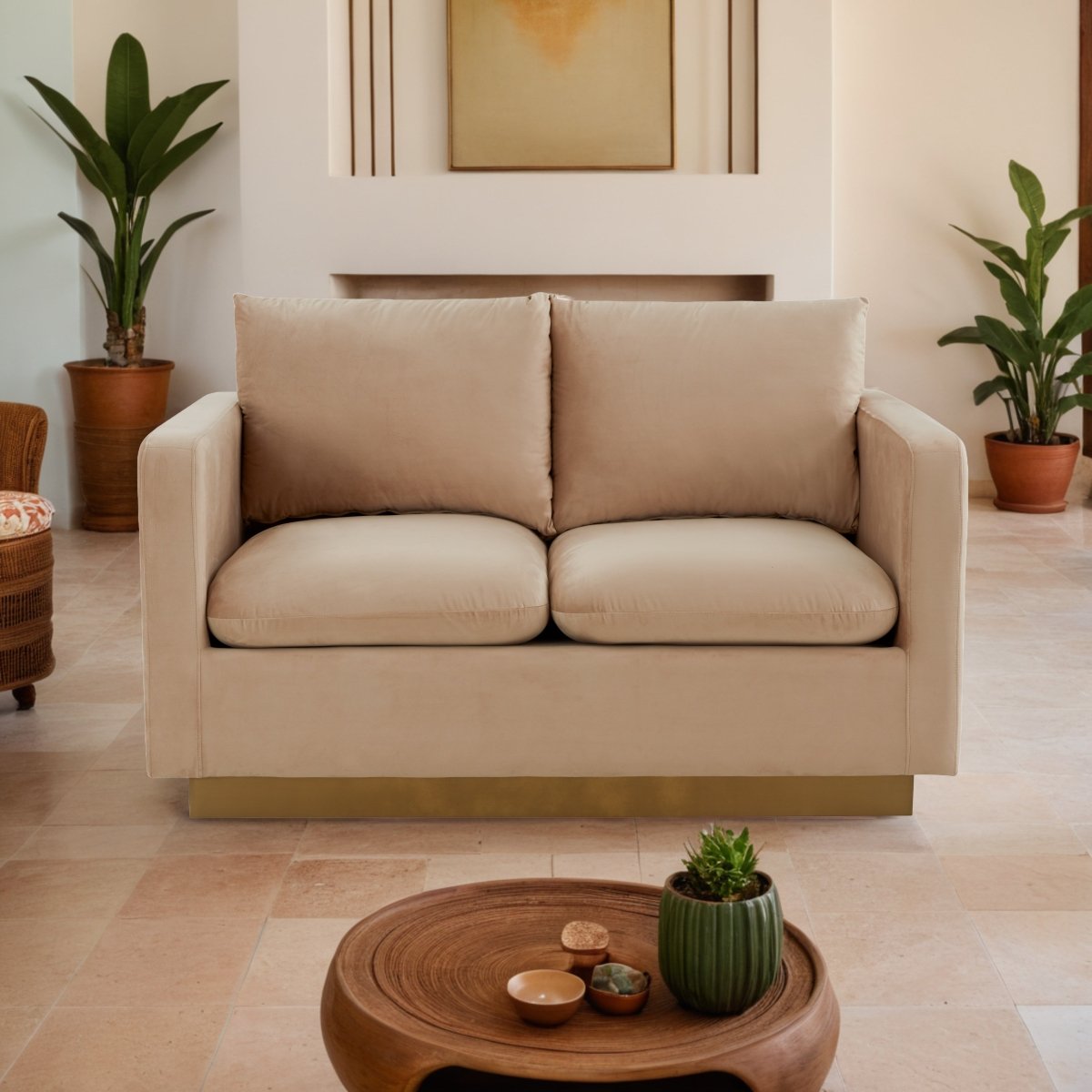 Nervo Upholstered Velvet/Leather Loveseat with Gold Stainless Steel Base