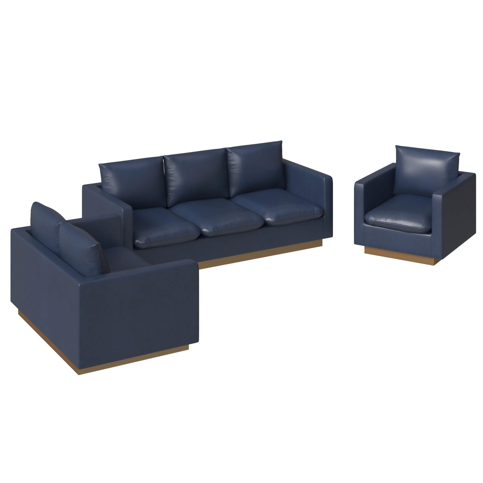 Nervo Velvet/Leather 3 - Piece Living Room Sofa Set With Gold Frame and Removable Cushions