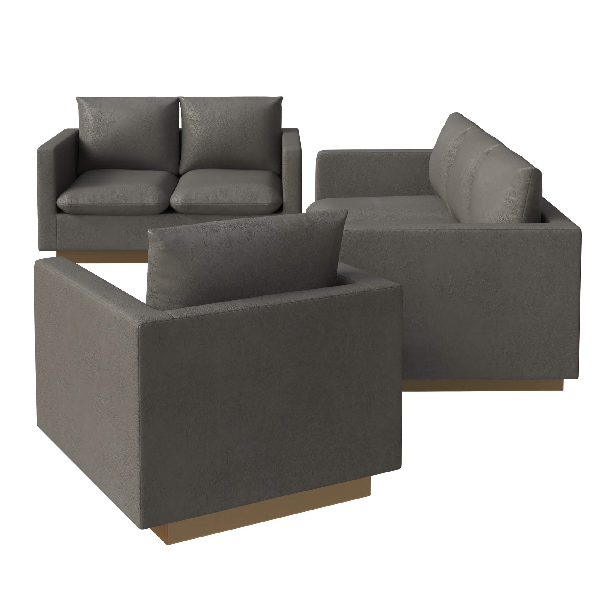 Nervo Velvet/Leather 3 - Piece Living Room Sofa Set With Gold Frame and Removable Cushions