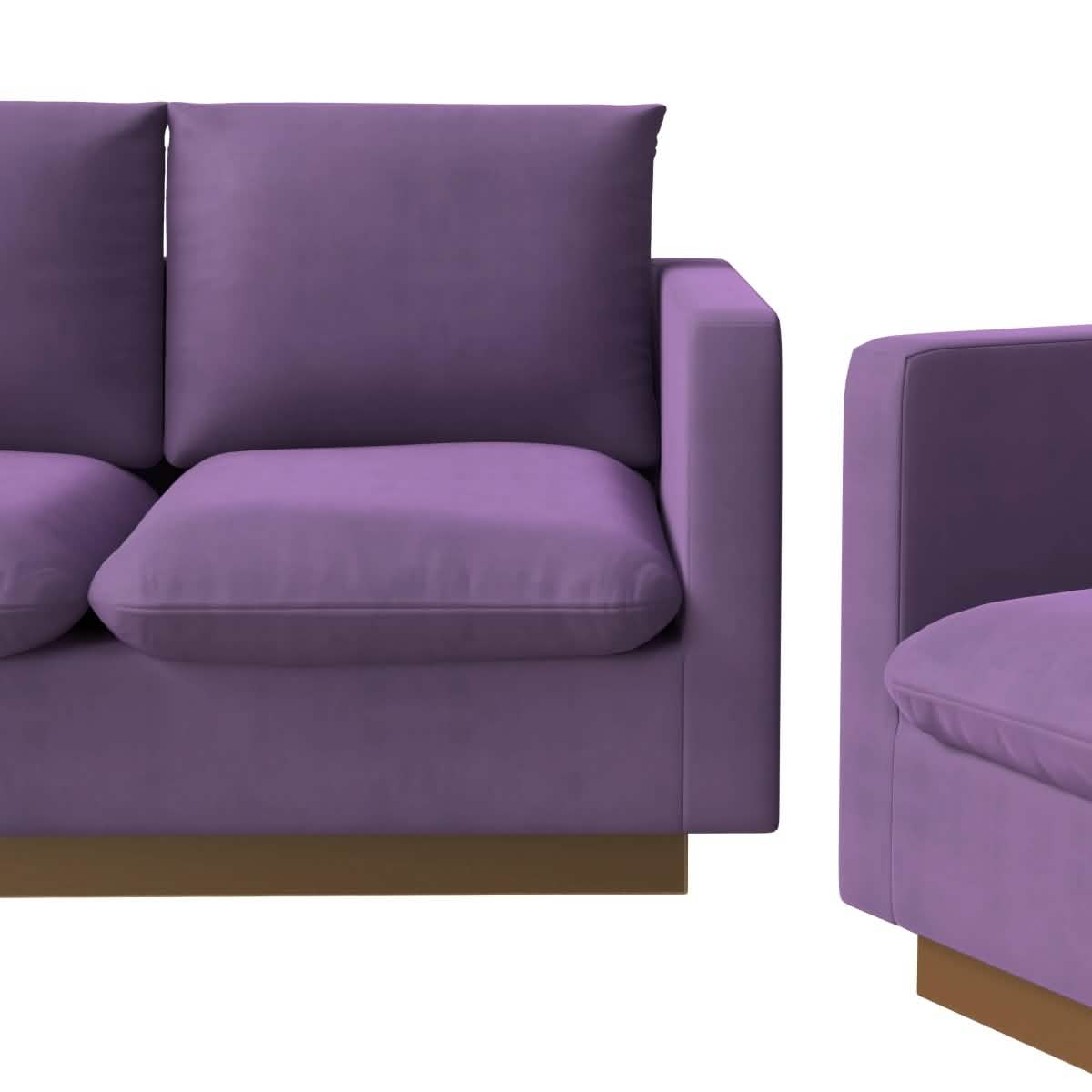 Nervo Velvet/Leather 3 - Piece Living Room Sofa Set With Gold Frame and Removable Cushions