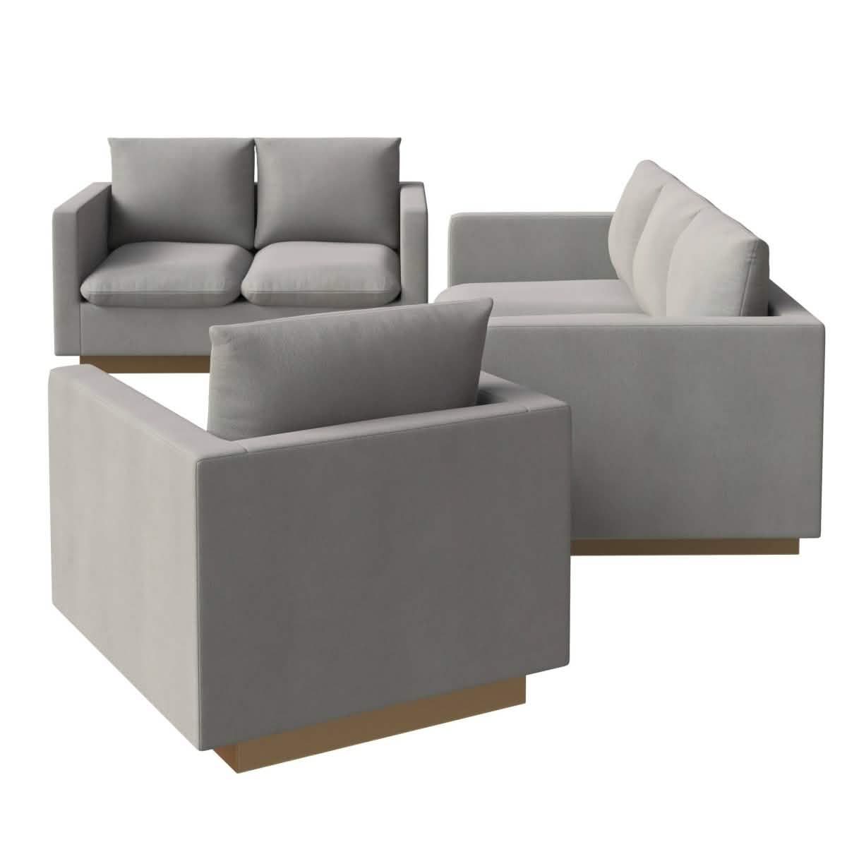 Nervo Velvet/Leather 3 - Piece Living Room Sofa Set With Gold Frame and Removable Cushions