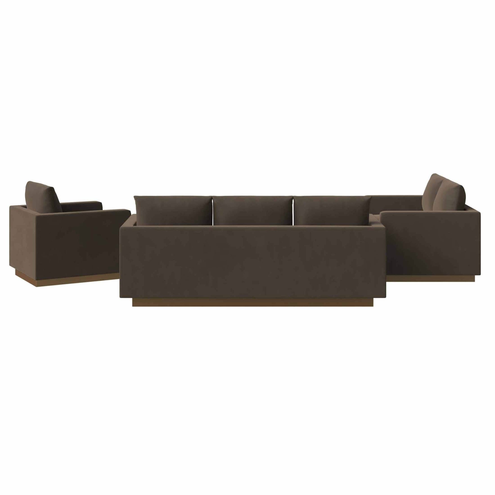 Nervo Velvet/Leather 3 - Piece Living Room Sofa Set With Gold Frame and Removable Cushions