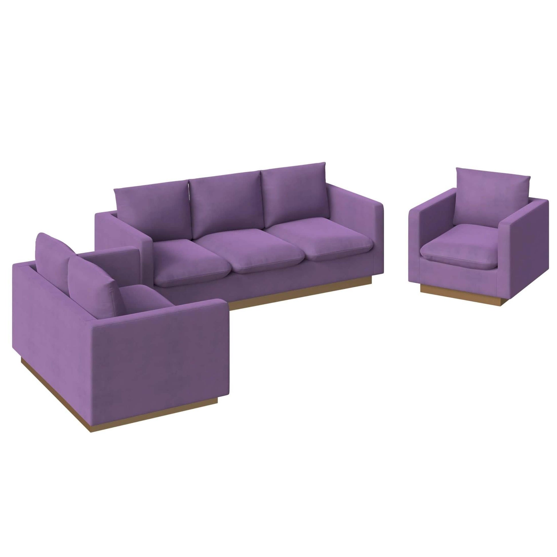 Nervo Velvet/Leather 3 - Piece Living Room Sofa Set With Gold Frame and Removable Cushions