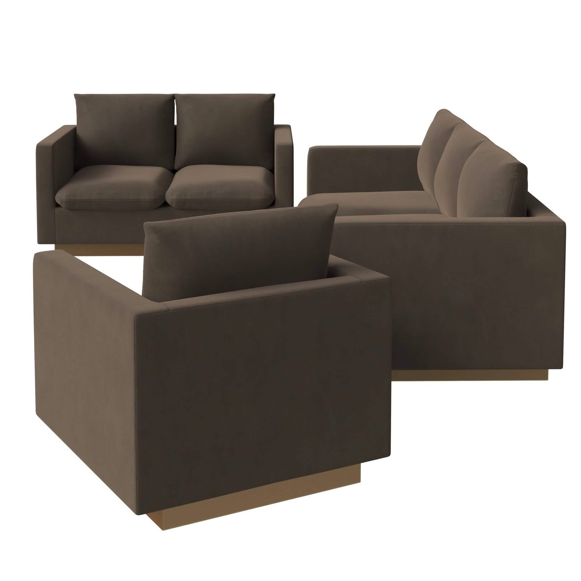 Nervo Velvet/Leather 3 - Piece Living Room Sofa Set With Gold Frame and Removable Cushions
