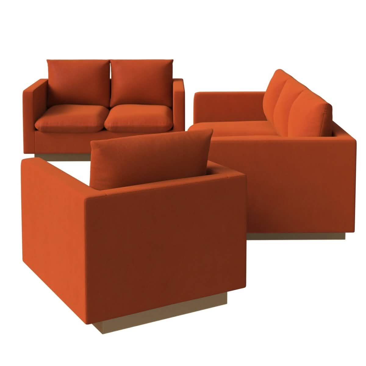 Nervo Velvet/Leather 3 - Piece Living Room Sofa Set With Gold Frame and Removable Cushions