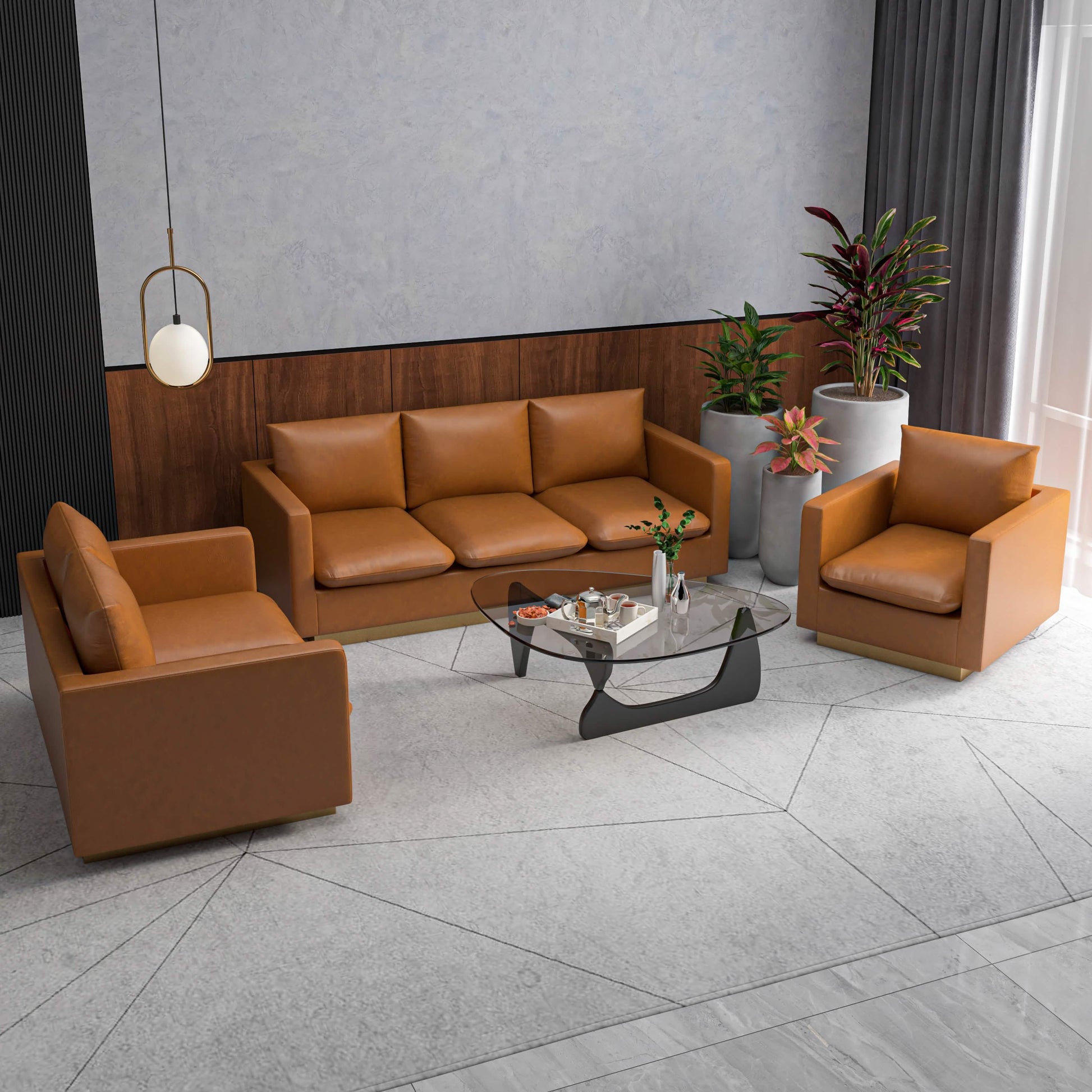 Nervo Velvet/Leather 3 - Piece Living Room Sofa Set With Gold Frame and Removable Cushions