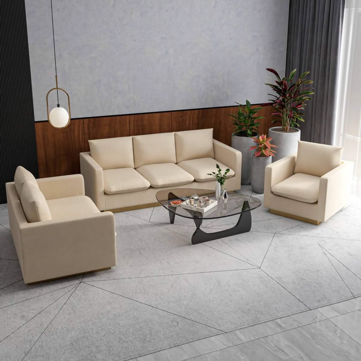 Nervo Velvet/Leather 3 - Piece Living Room Sofa Set With Gold Frame and Removable Cushions