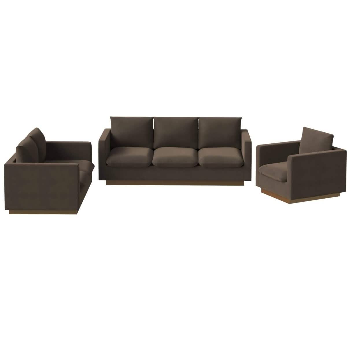 Nervo Velvet/Leather 3 - Piece Living Room Sofa Set With Gold Frame and Removable Cushions