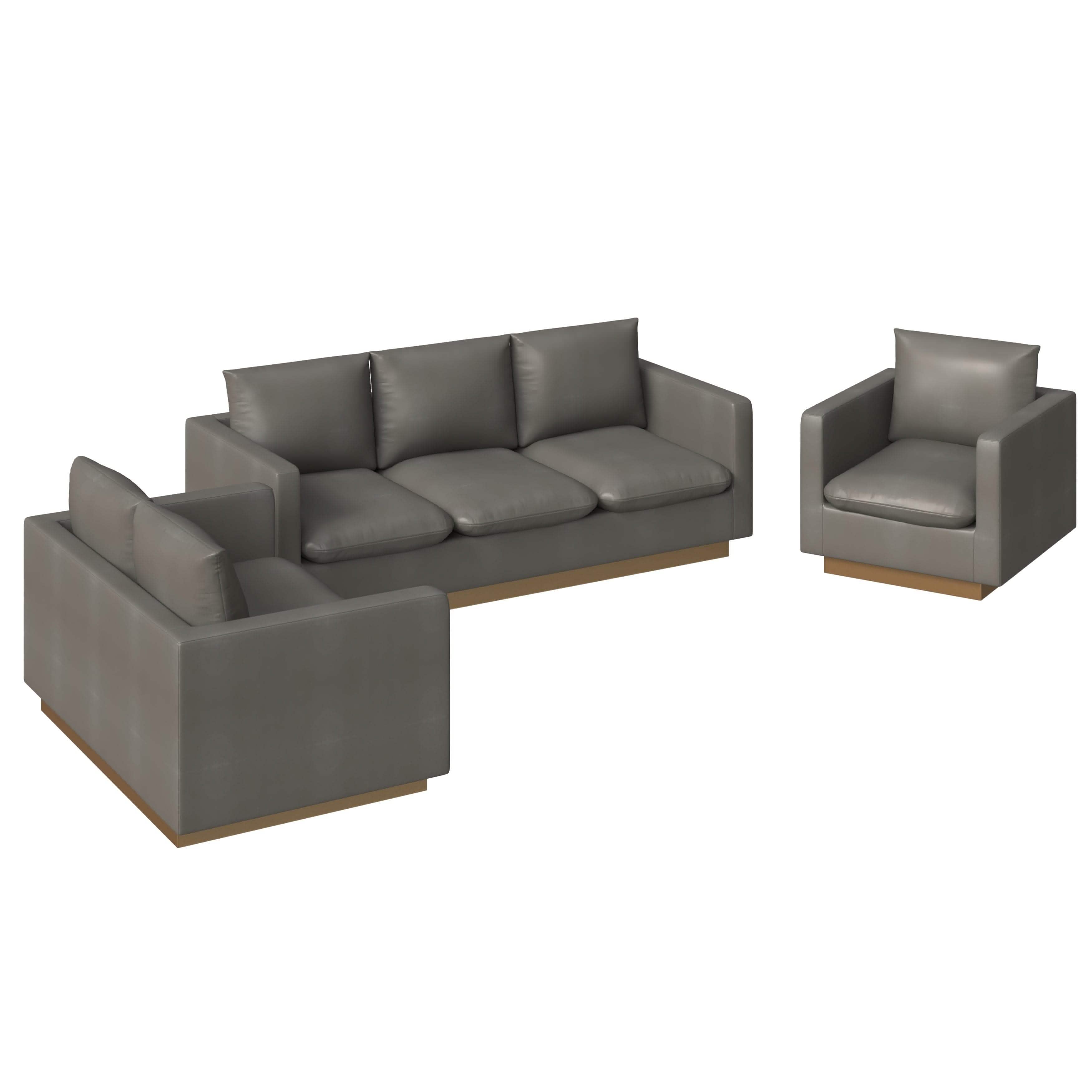 Nervo Velvet/Leather 3 - Piece Living Room Sofa Set With Gold Frame and Removable Cushions