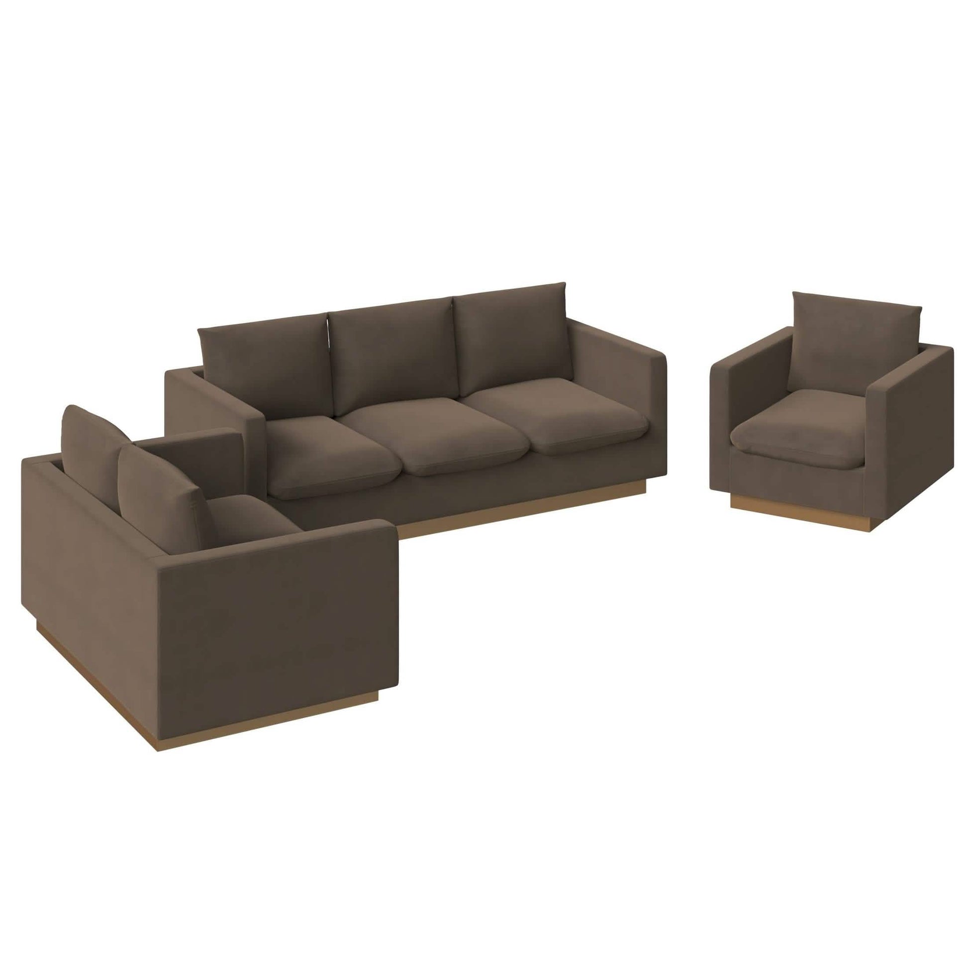 Nervo Velvet/Leather 3 - Piece Living Room Sofa Set With Gold Frame and Removable Cushions