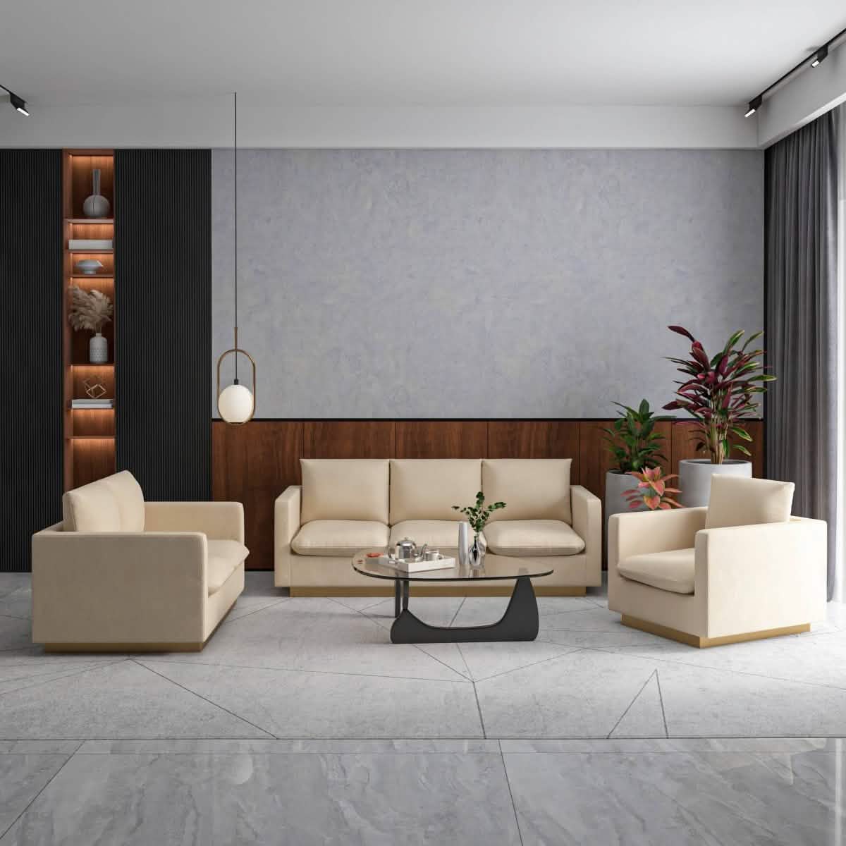 Nervo Velvet/Leather 3 - Piece Living Room Sofa Set With Gold Frame and Removable Cushions