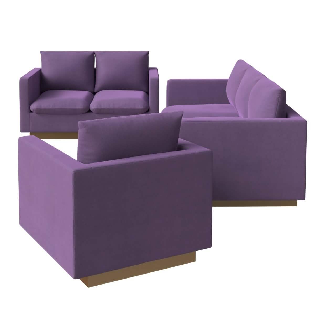 Nervo Velvet/Leather 3 - Piece Living Room Sofa Set With Gold Frame and Removable Cushions