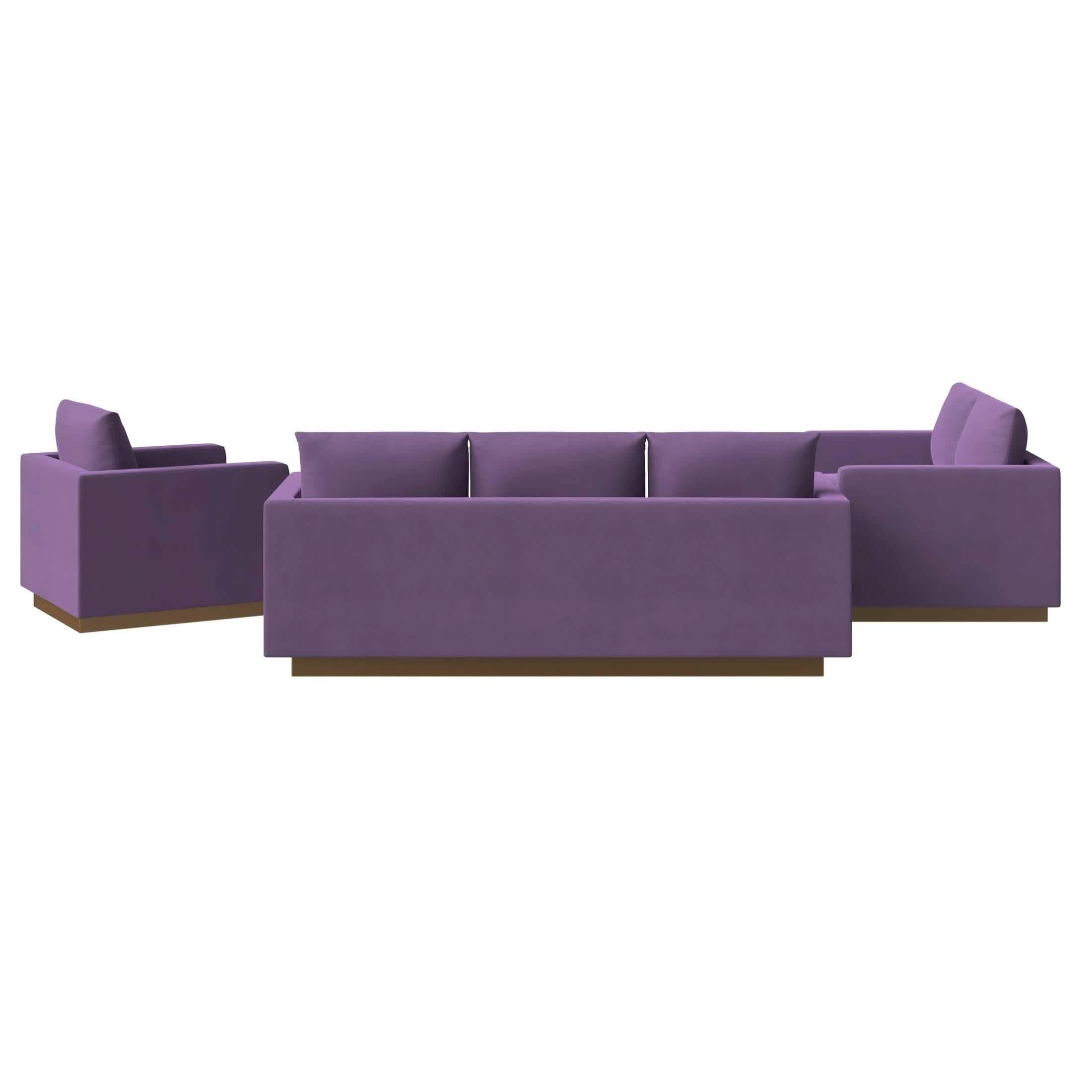 Nervo Velvet/Leather 3 - Piece Living Room Sofa Set With Gold Frame and Removable Cushions
