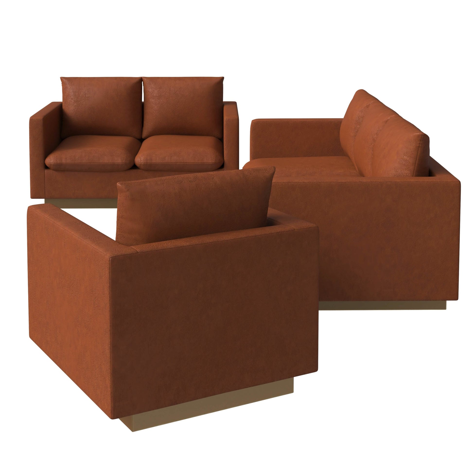 Nervo Velvet/Leather 3 - Piece Living Room Sofa Set With Gold Frame and Removable Cushions