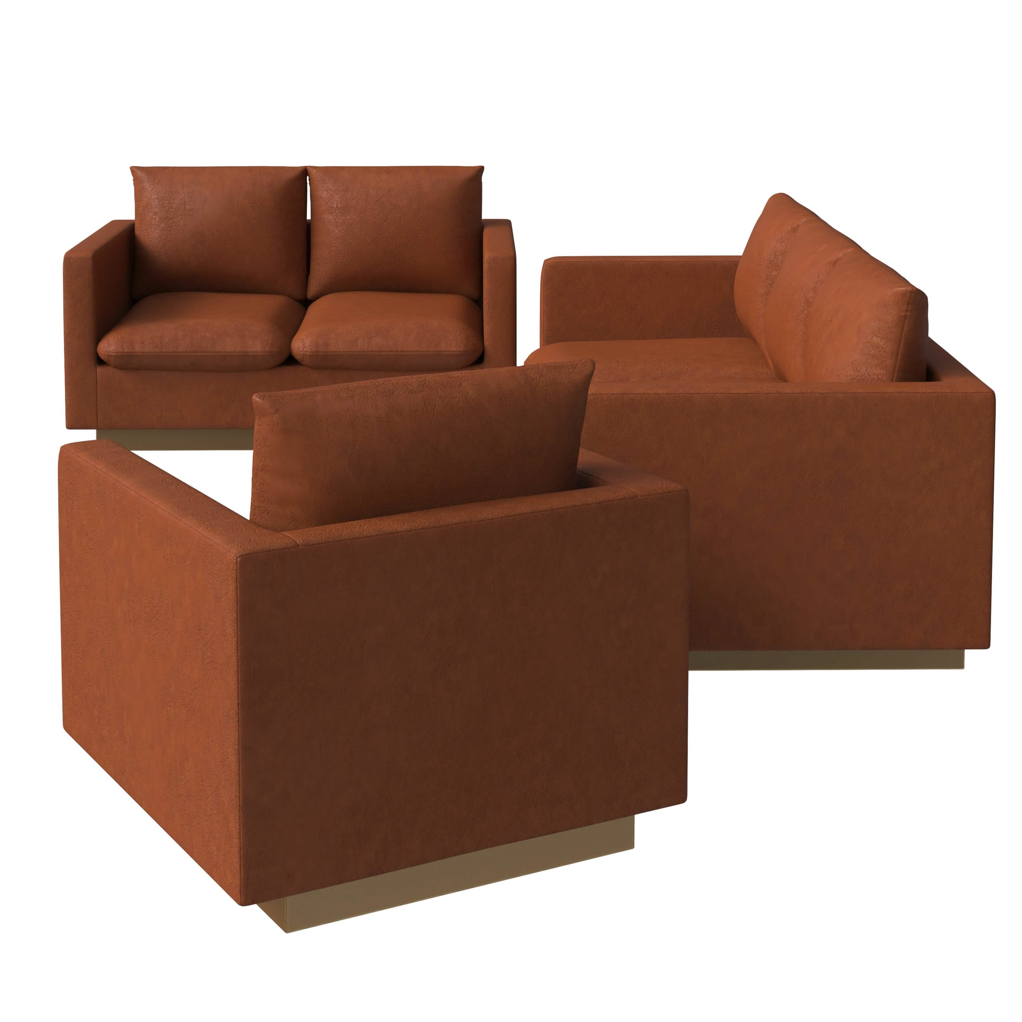 Nervo Velvet/Leather 3 - Piece Living Room Sofa Set With Gold Frame and Removable Cushions