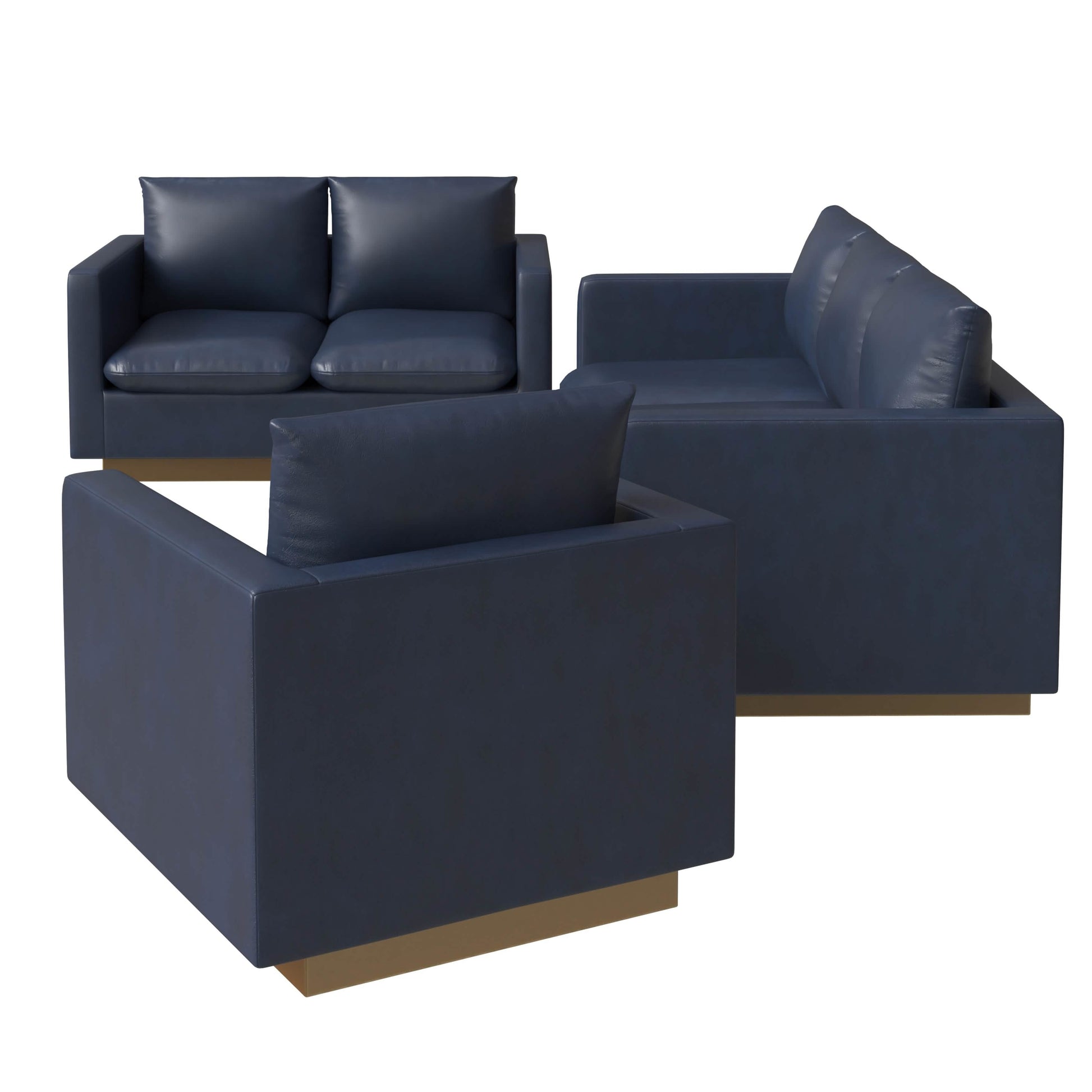 Nervo Velvet/Leather 3 - Piece Living Room Sofa Set With Gold Frame and Removable Cushions