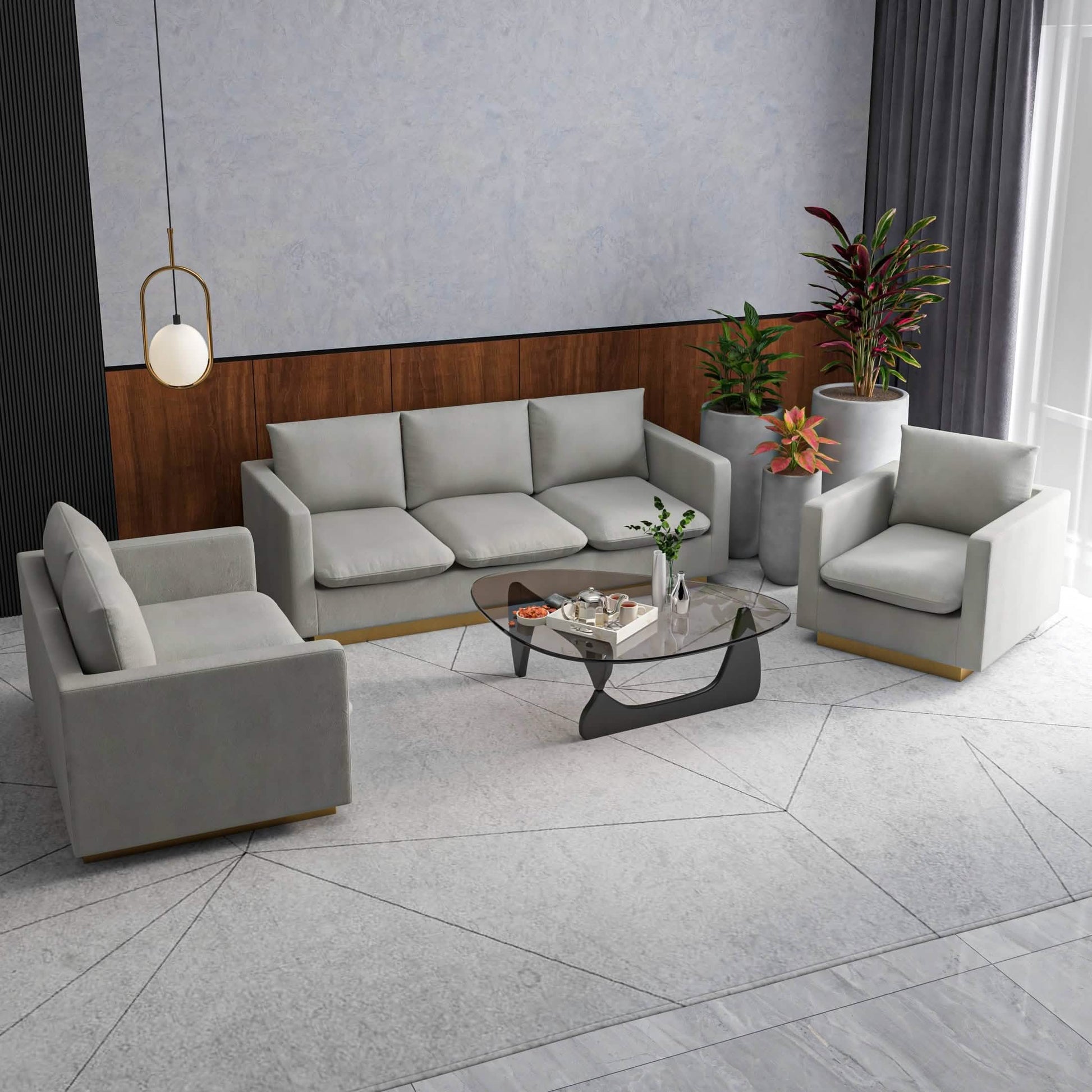 Nervo Velvet/Leather 3 - Piece Living Room Sofa Set With Gold Frame and Removable Cushions