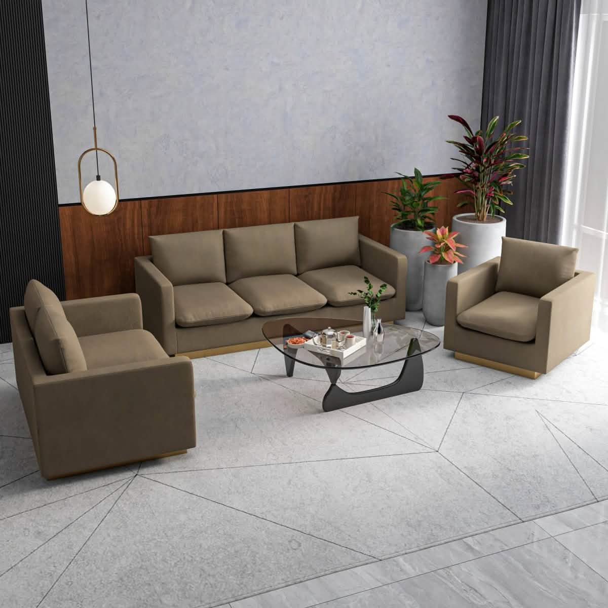 Nervo Velvet/Leather 3 - Piece Living Room Sofa Set With Gold Frame and Removable Cushions
