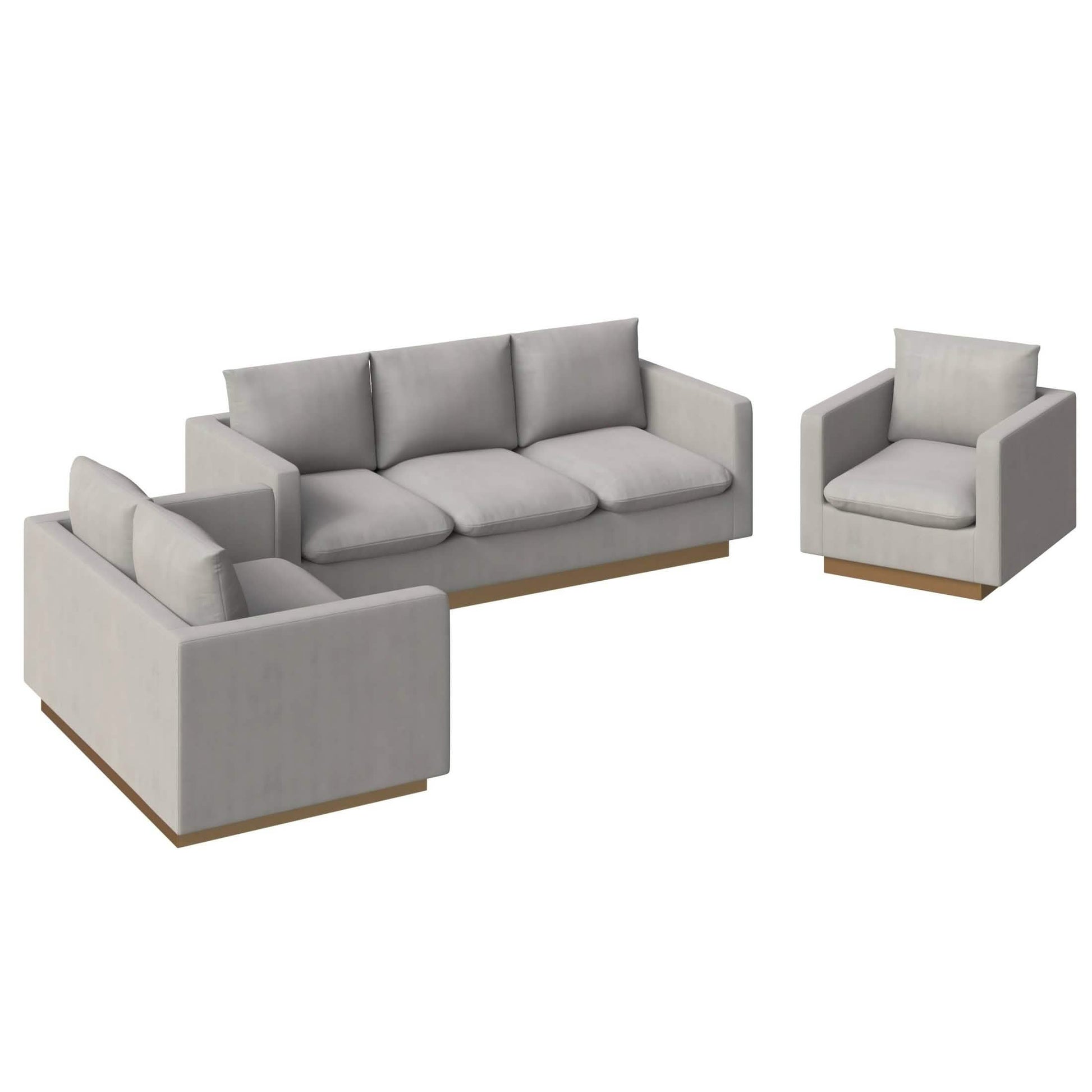 Nervo Velvet/Leather 3 - Piece Living Room Sofa Set With Gold Frame and Removable Cushions