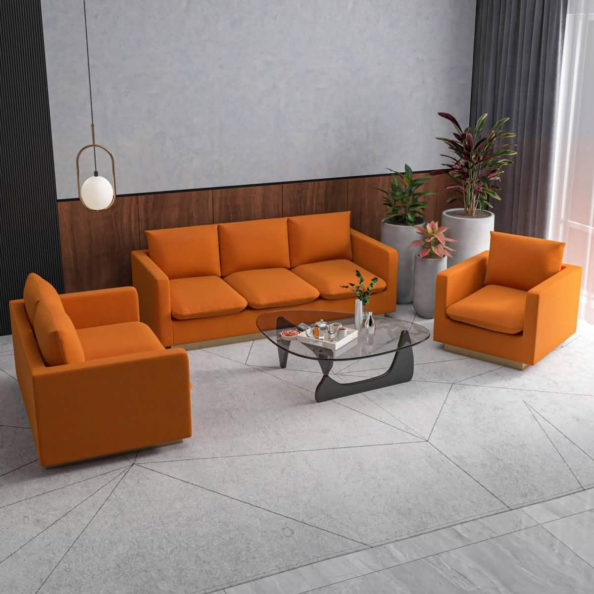 Nervo Velvet/Leather 3 - Piece Living Room Sofa Set With Gold Frame and Removable Cushions