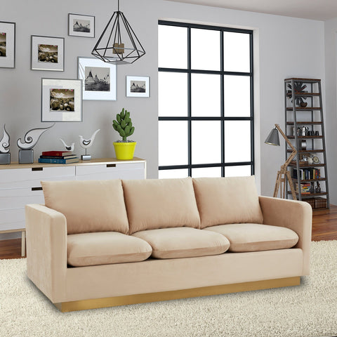 Nervo 3-Seater Velvet/Leather Full Sofa with Gold Stainless Steel Base