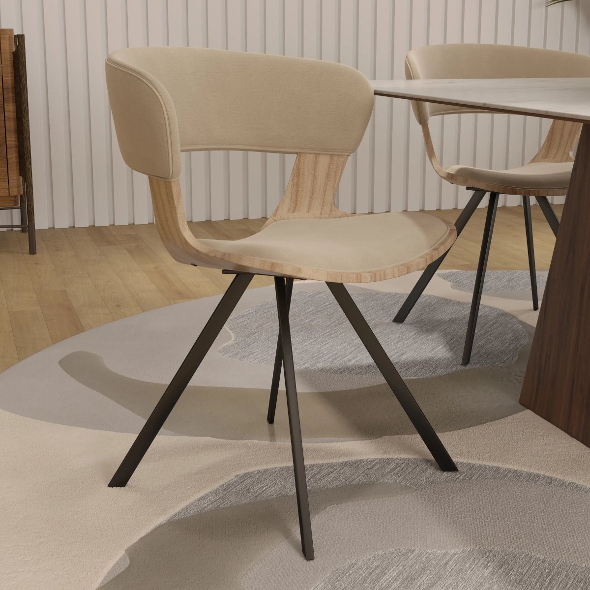 Nymia Modern Upholstered Dining Chair With Saddle Seat Design and Iron Legs Set of 4