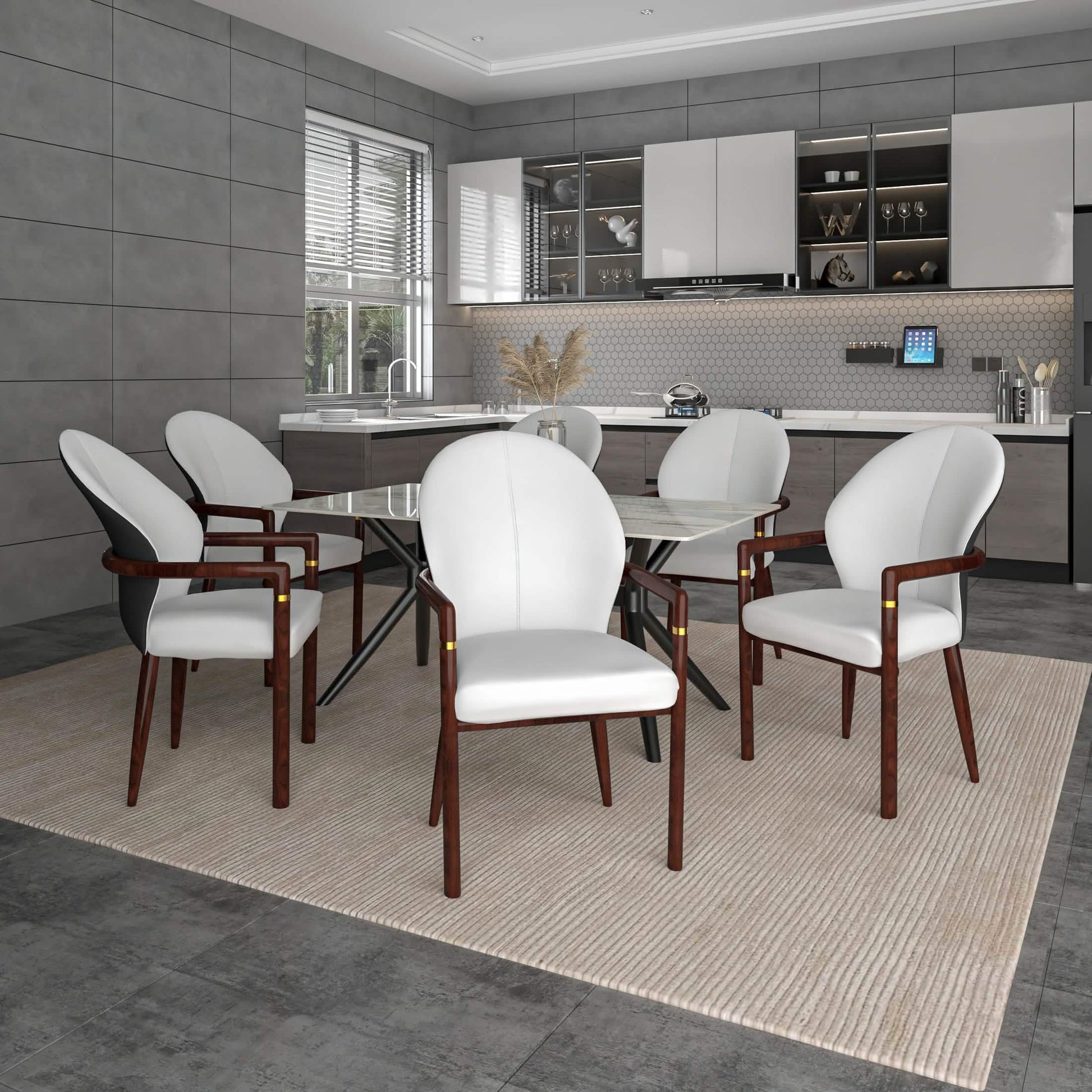Opaline Dining Chair in Velvet or Leather Upholstery with Rubberwood Frame with Gold Accents