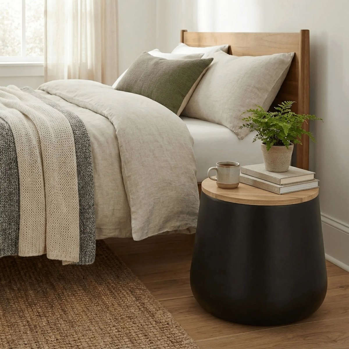 Orunel Modern Round Fiberstone Side Table with Hidden Storage – Indoor Outdoor Accent Table Black Side Table LeisureMod