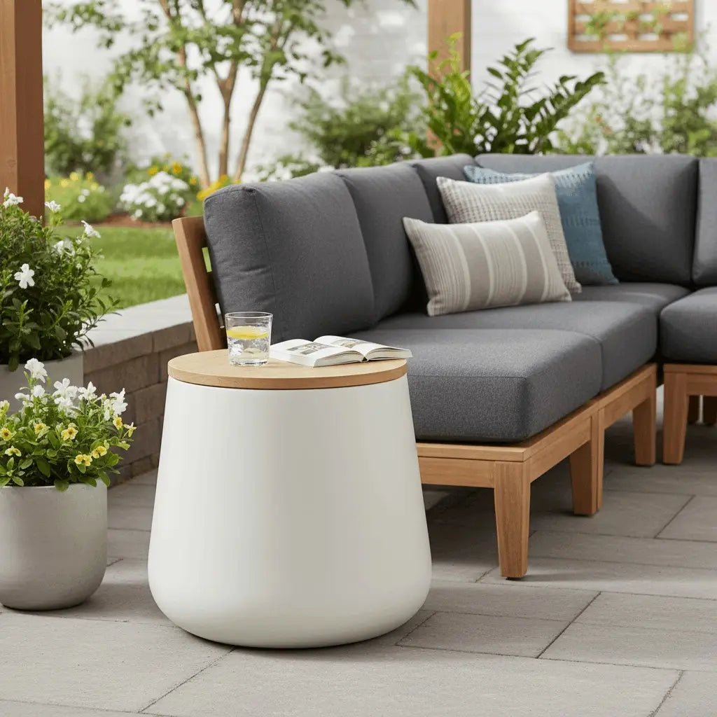 Orunel Modern Round Fiberstone Side Table with Hidden Storage – Indoor Outdoor Accent Table White Side Table LeisureMod