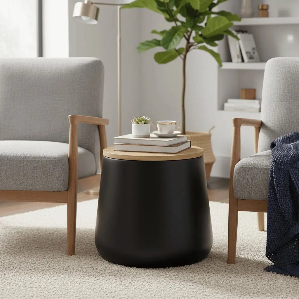 Orunel Modern Round Fiberstone Side Table with Hidden Storage – Indoor Outdoor Accent Table Black Side Table LeisureMod