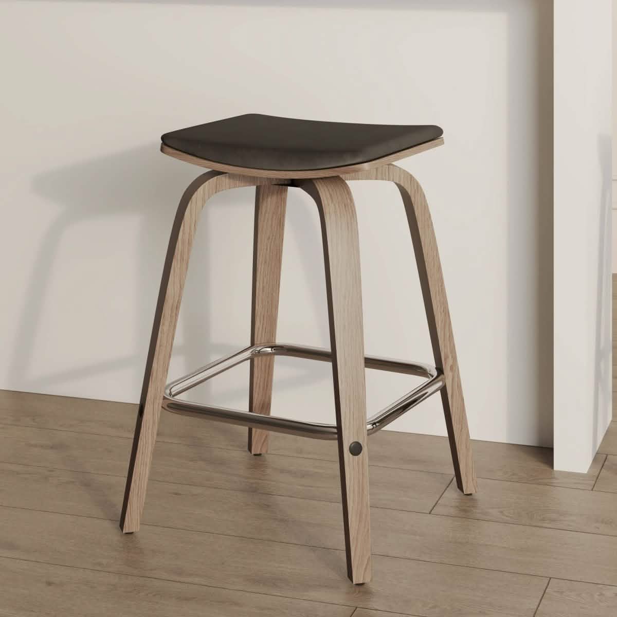 Pelya Leather Counter Stool with Square Seat and Poplar Wood Base