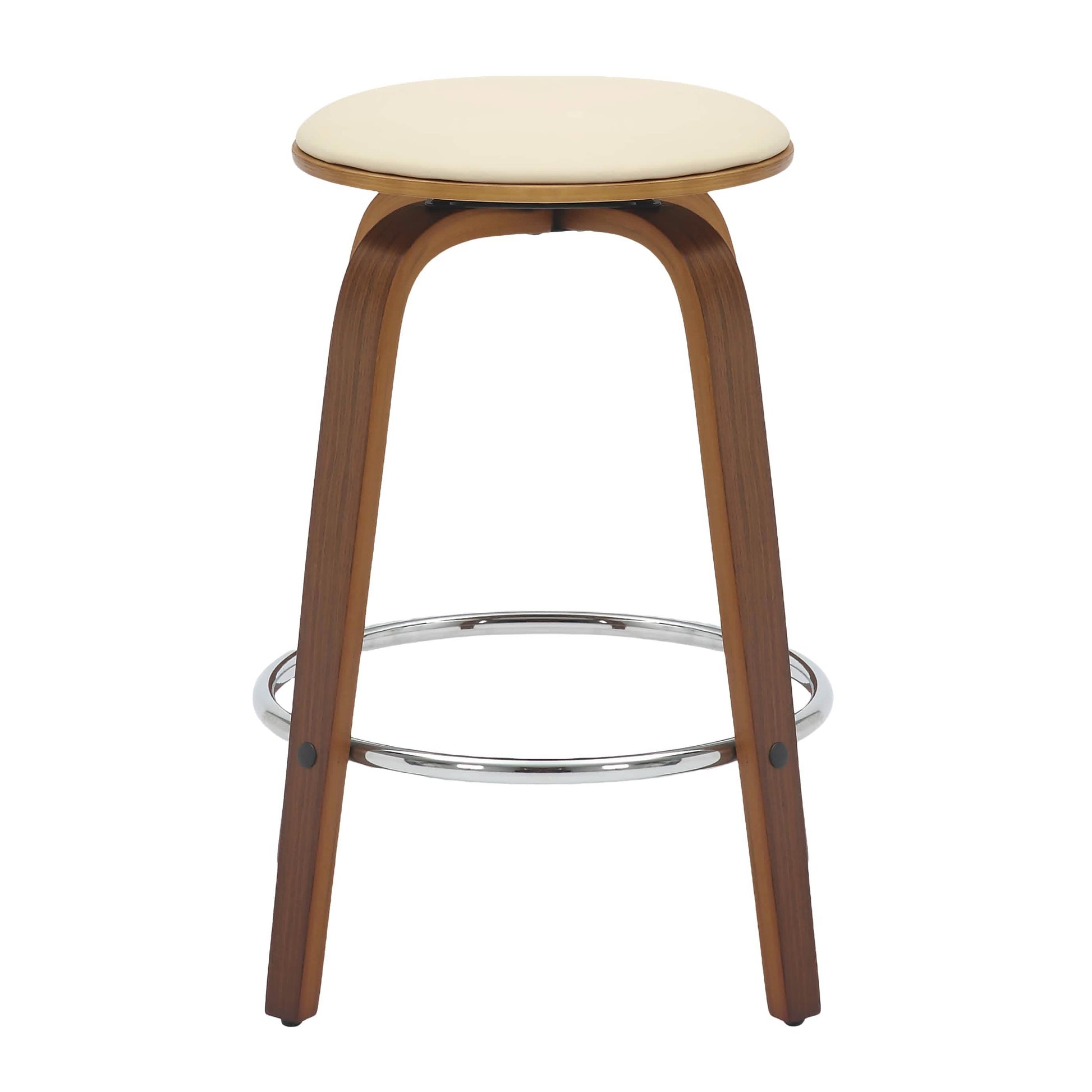 Pelya Modern Swivel Counter Stool Upholstered in Leather With Chrome Iron Footrest