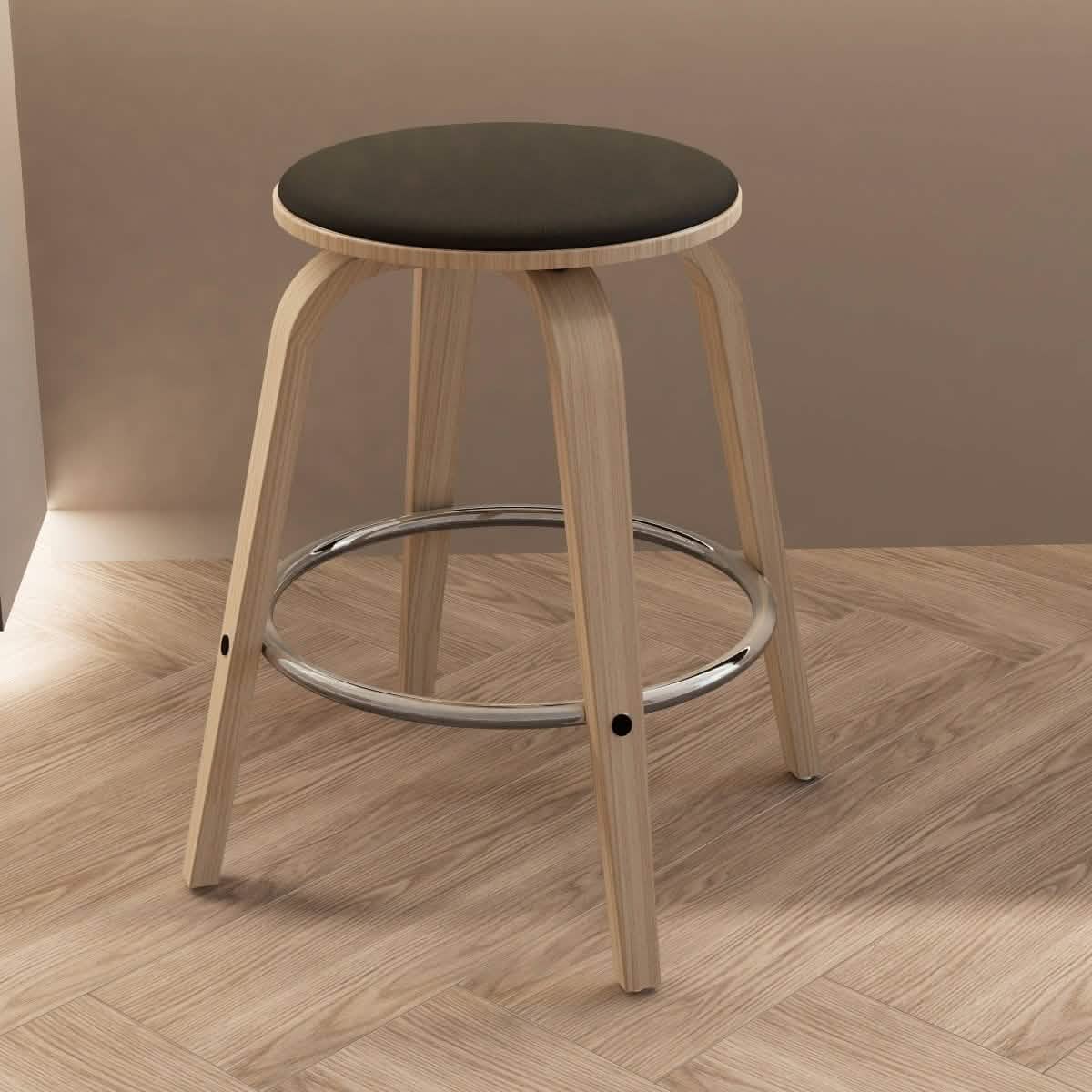 Pelya Modern Swivel Counter Stool Upholstered in Leather With Chrome Iron Footrest