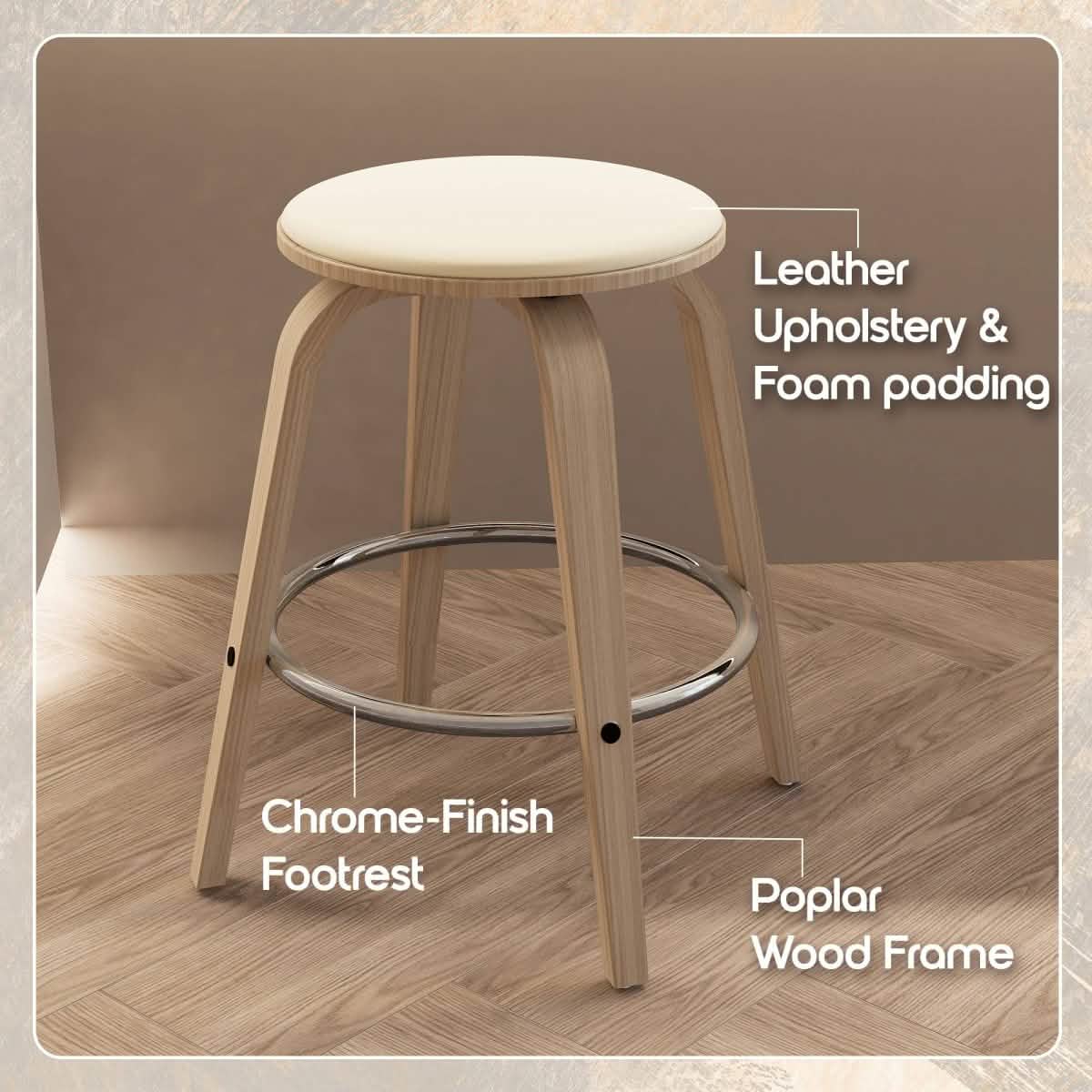 Pelya Modern Swivel Counter Stool Upholstered in Leather With Chrome Iron Footrest