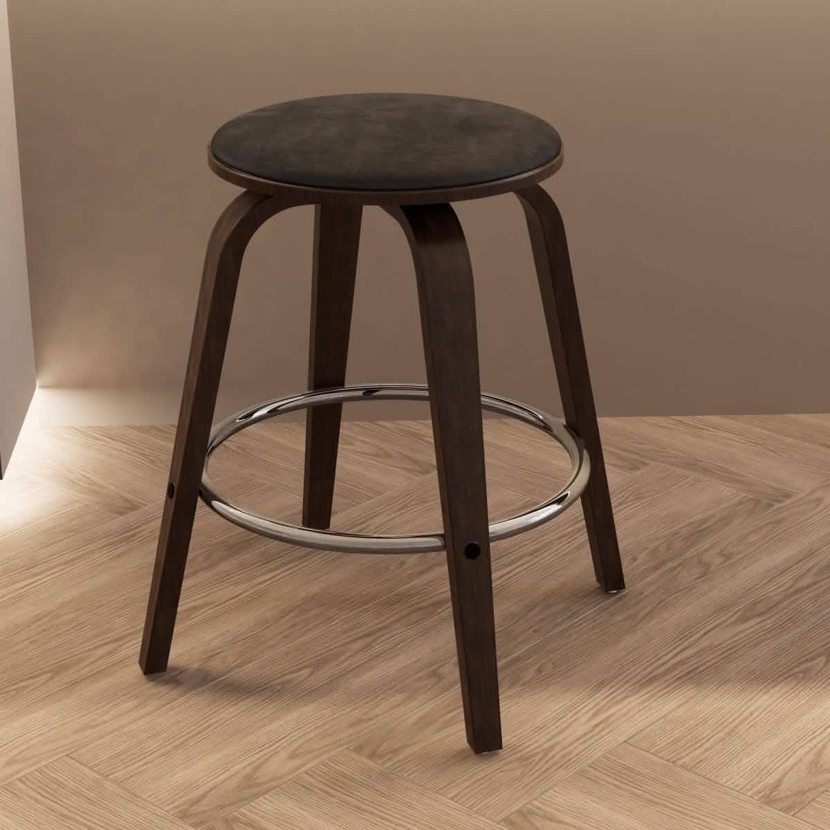 Pelya Modern Swivel Counter Stool Upholstered in Leather With Chrome Iron Footrest